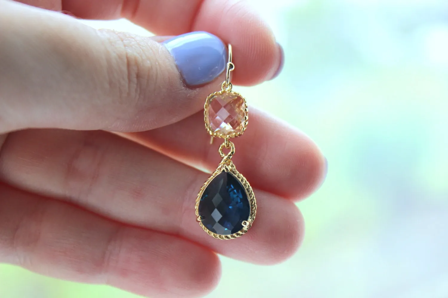 Gold Blush Jewelry Champagne Earrings Sapphire Earrings Navy Blue Earrings Peach Jewelry Bridesmaid Earrings Wedding Bridesmaid Jewelry