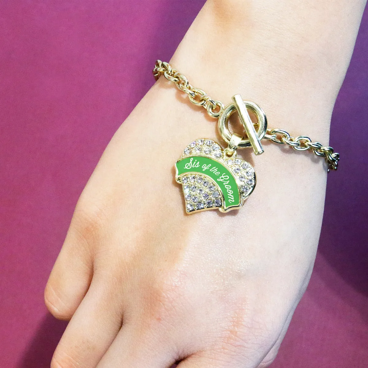 Gold Emerald Green Sis of the Groom Pave Heart Charm Toggle Bracelet