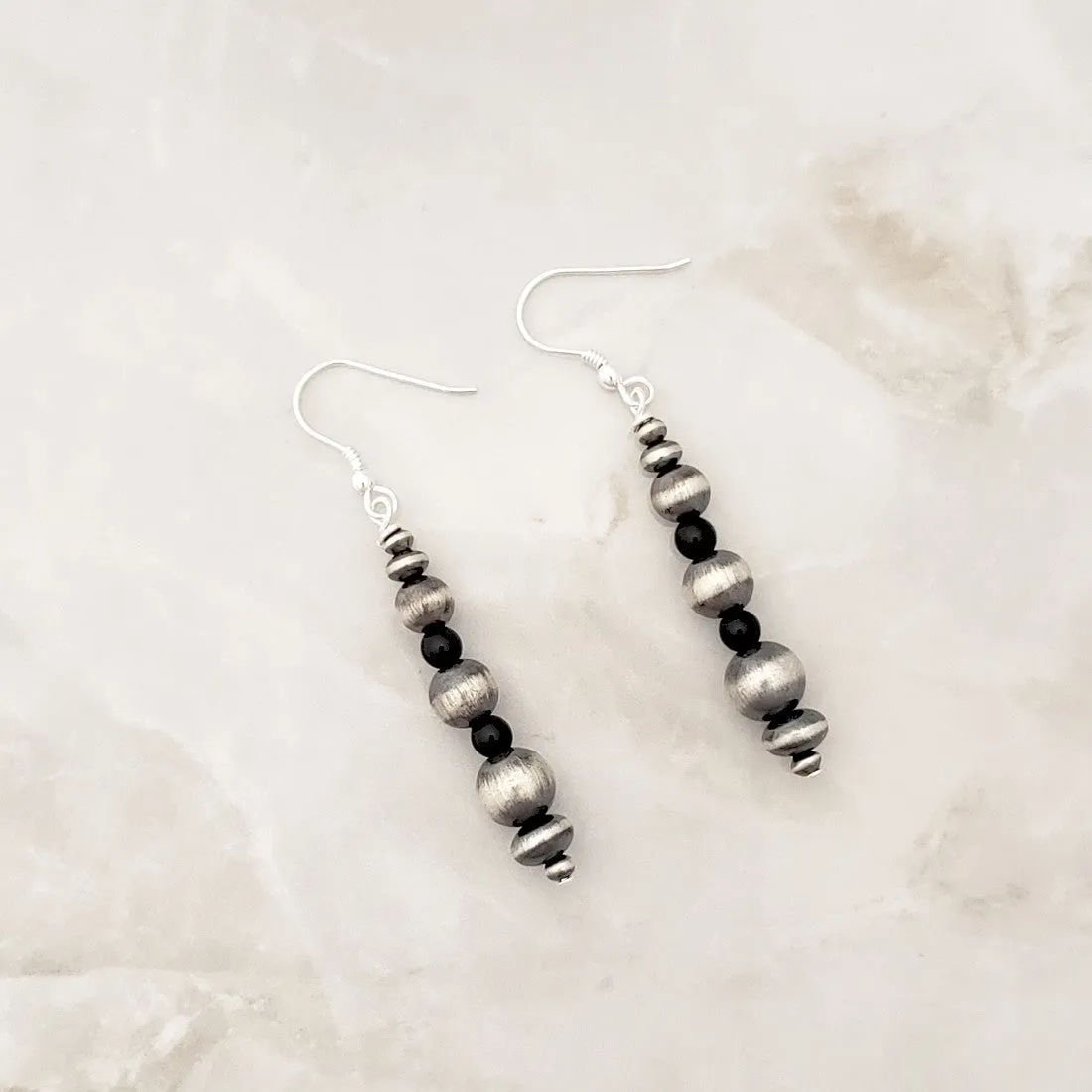 Graduated Navajo Pearls & Onyx Drop Dangle Earrings Sterling Silver NPE016