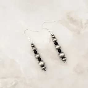 Graduated Navajo Pearls & Onyx Drop Dangle Earrings Sterling Silver NPE016