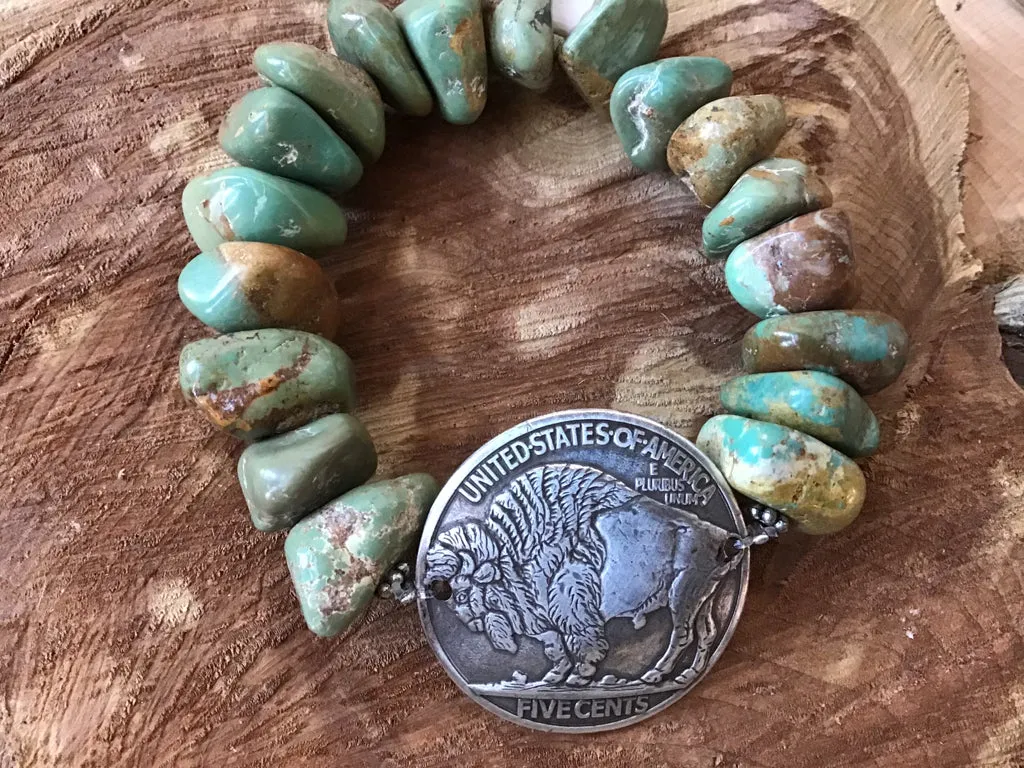 Handmade Buffalo Nickel & Turquoise Stretch Bracelet