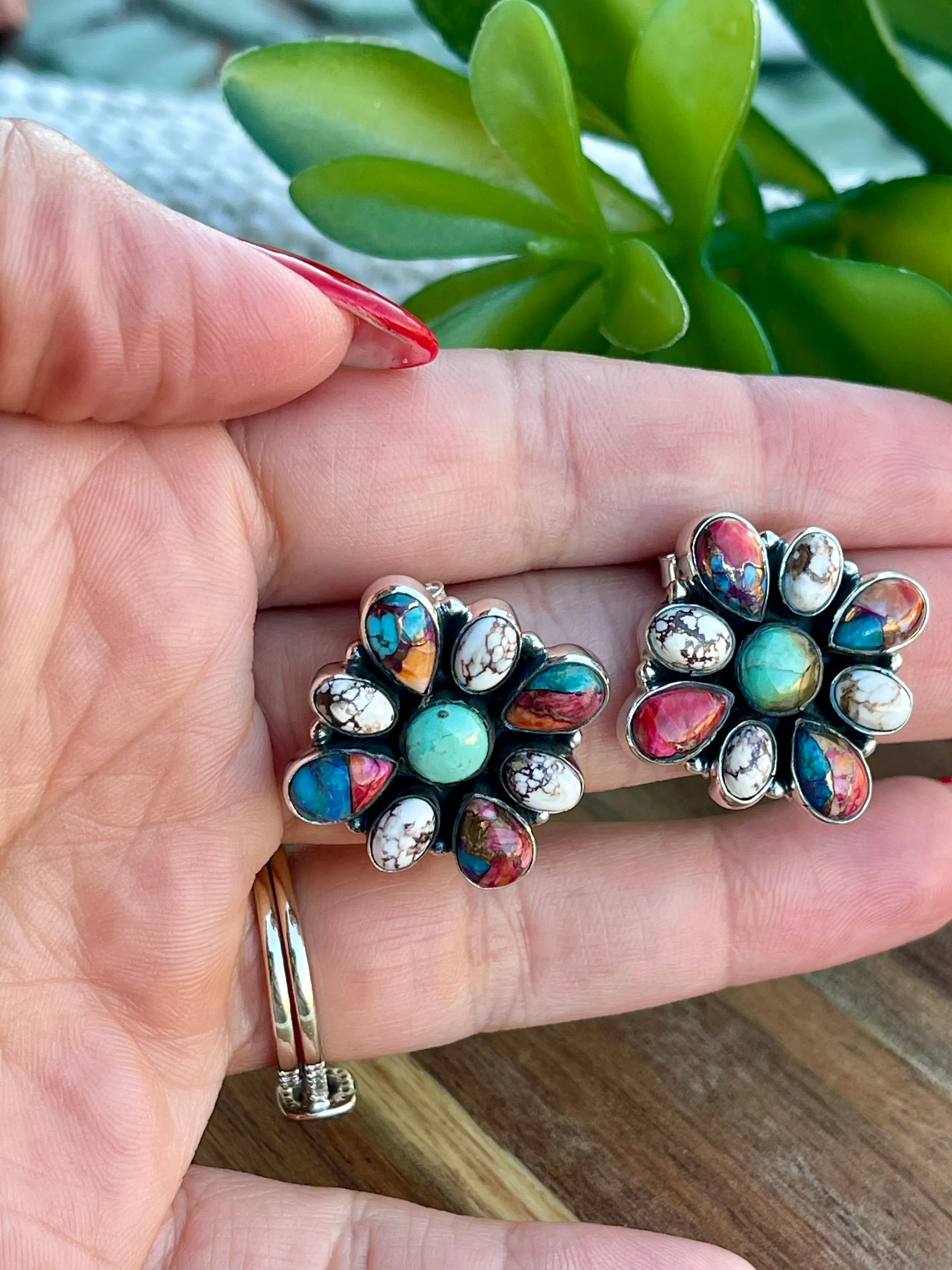 Handmade Multi Stone and Sterling Silver Post Earrings Signed Nizhoni