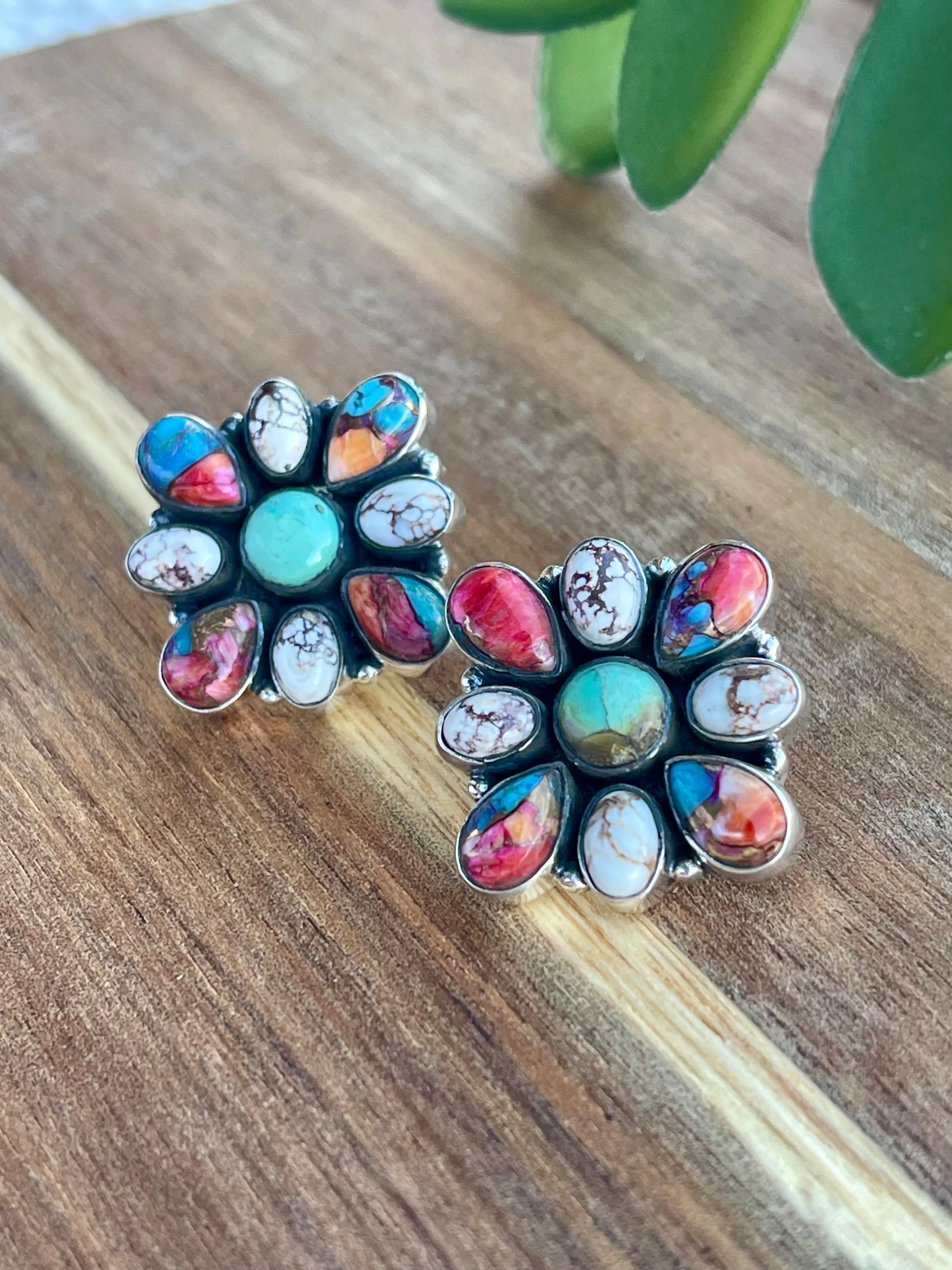 Handmade Multi Stone and Sterling Silver Post Earrings Signed Nizhoni