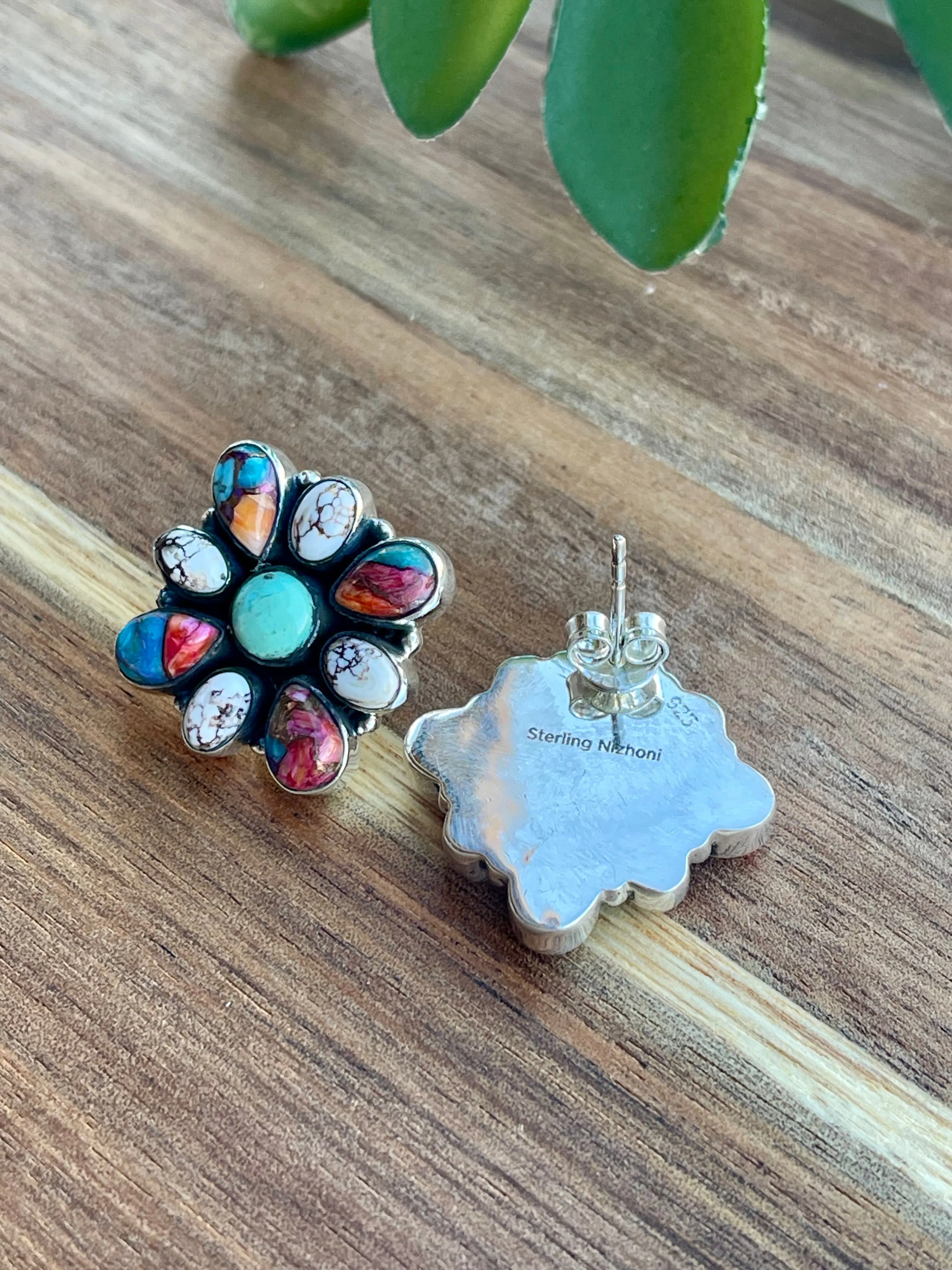 Handmade Multi Stone and Sterling Silver Post Earrings Signed Nizhoni