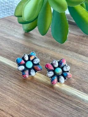 Handmade Multi Stone and Sterling Silver Post Earrings Signed Nizhoni