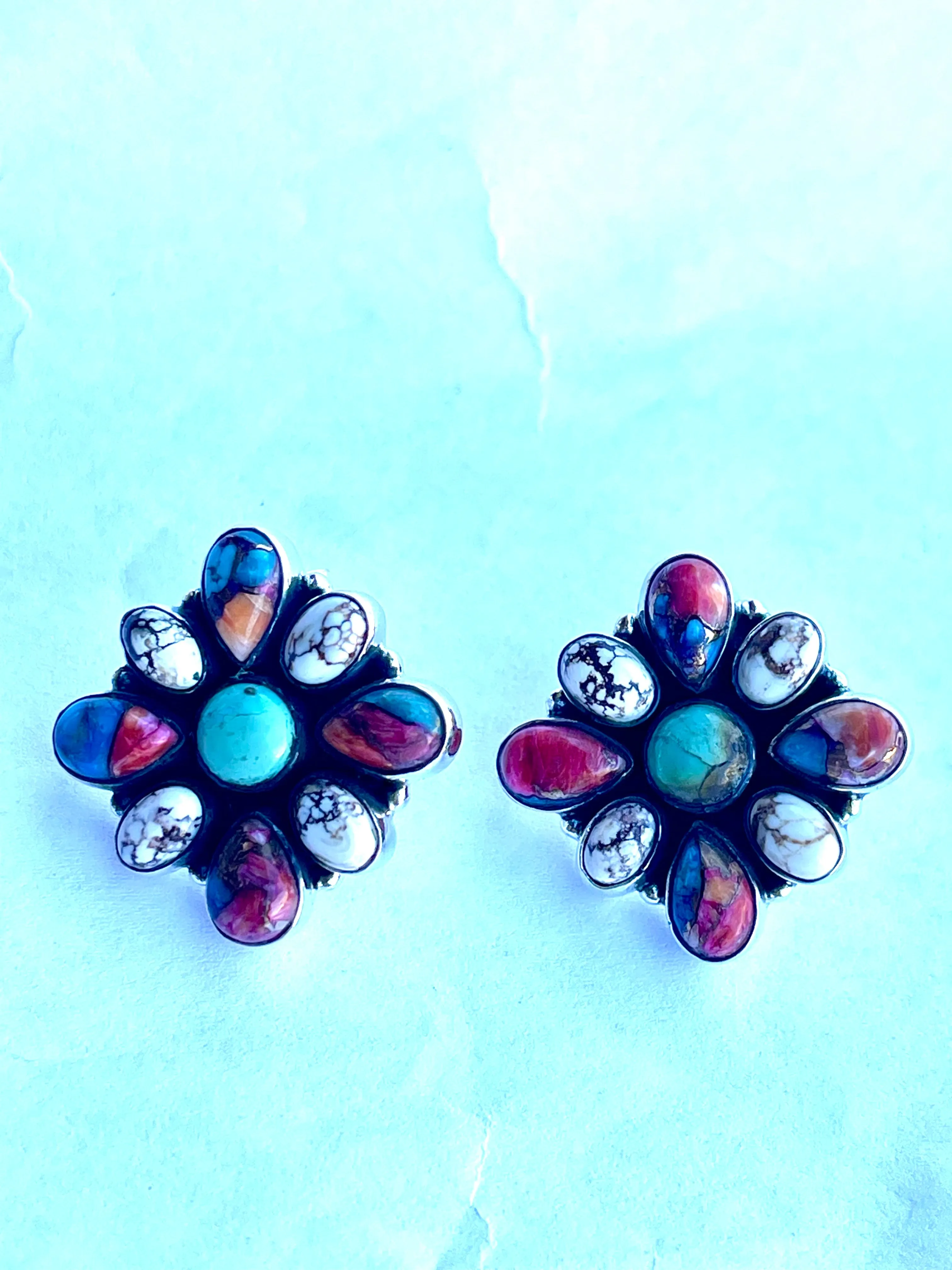 Handmade Multi Stone and Sterling Silver Post Earrings Signed Nizhoni
