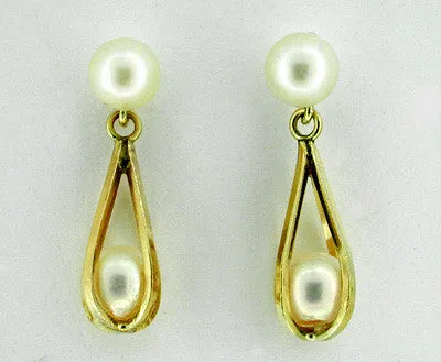 Hanging Basket Drop Pearl Estate Earrings in 14 Karat Gold