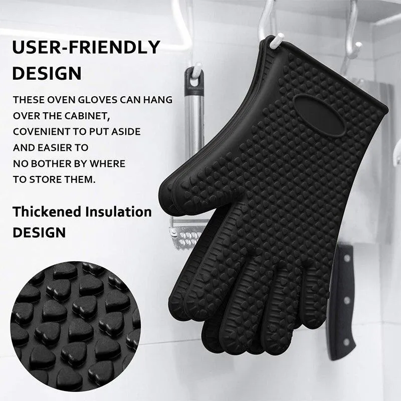 HEAT RESISTANT SILICONE BBQ & COOKING GLOVES,  BLACK - 28 CM