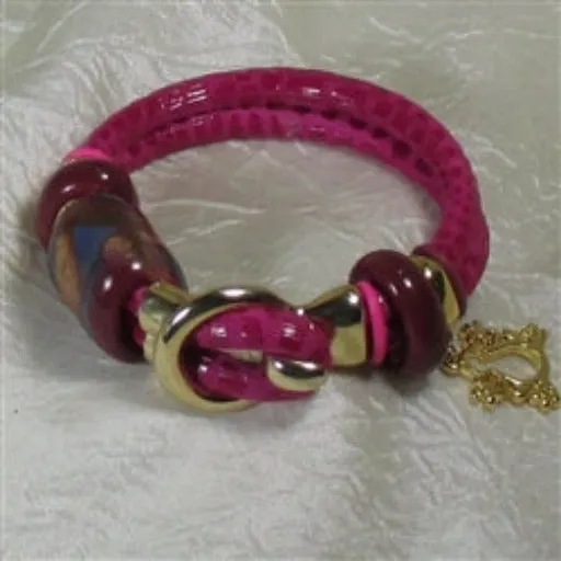 Hot Pink Leather Cord and Large Kazuri Bead Bracelet