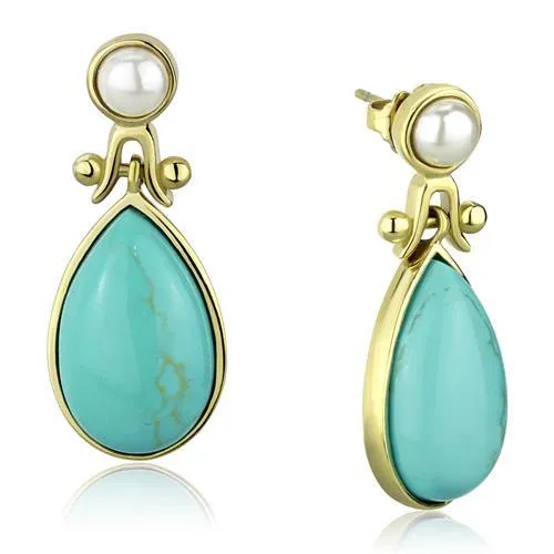 IP Gold(Ion Plating) Stainless Steel Earrings with Synthetic Turquoise in Turquoise for Women Turquoise Stone Color Style TK2151
