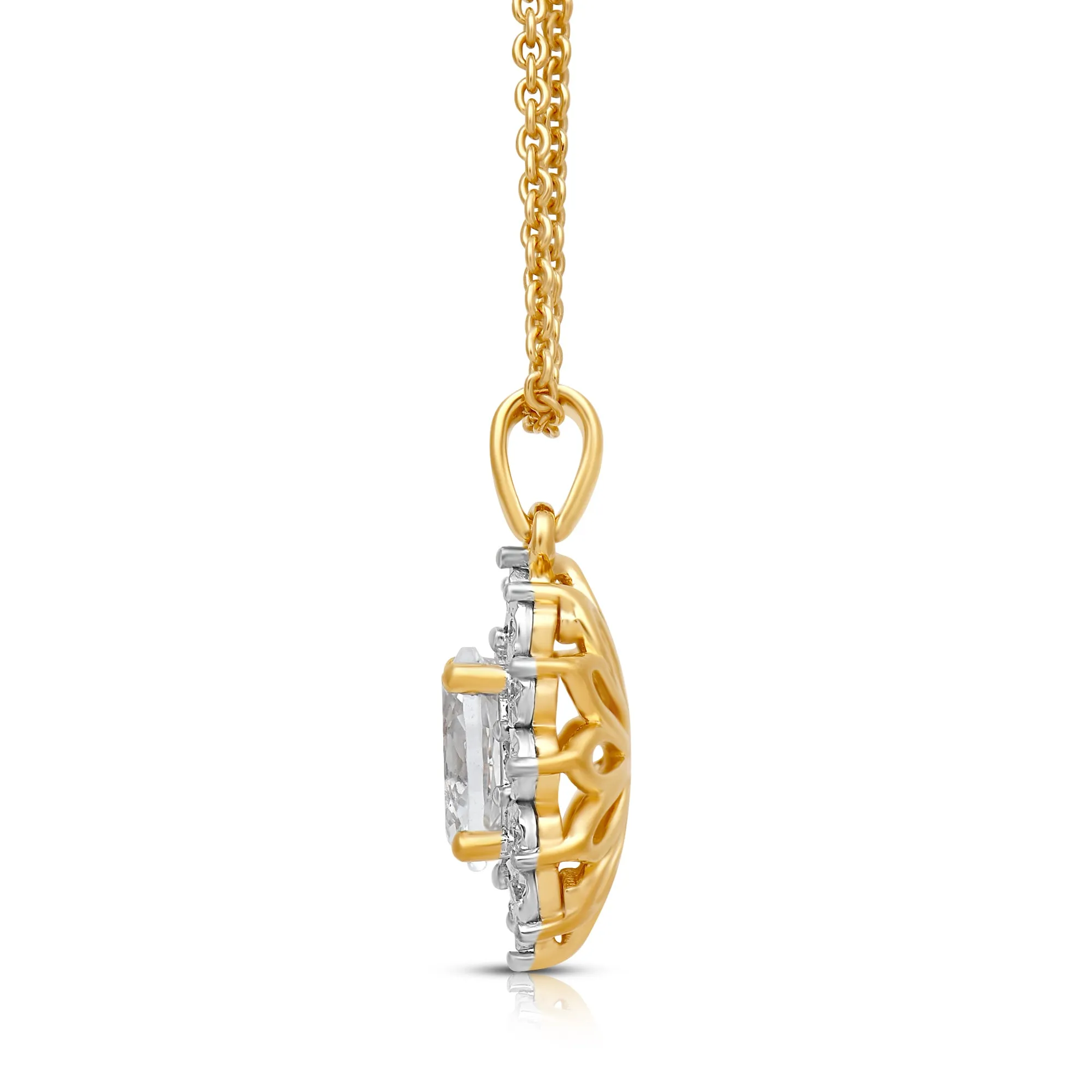 Jewelili 18K Yellow Gold over Sterling Silver 7x5 MM Oval Created White Sapphire and 1/20 Cttw Natural White Round Diamond Pendant Necklace