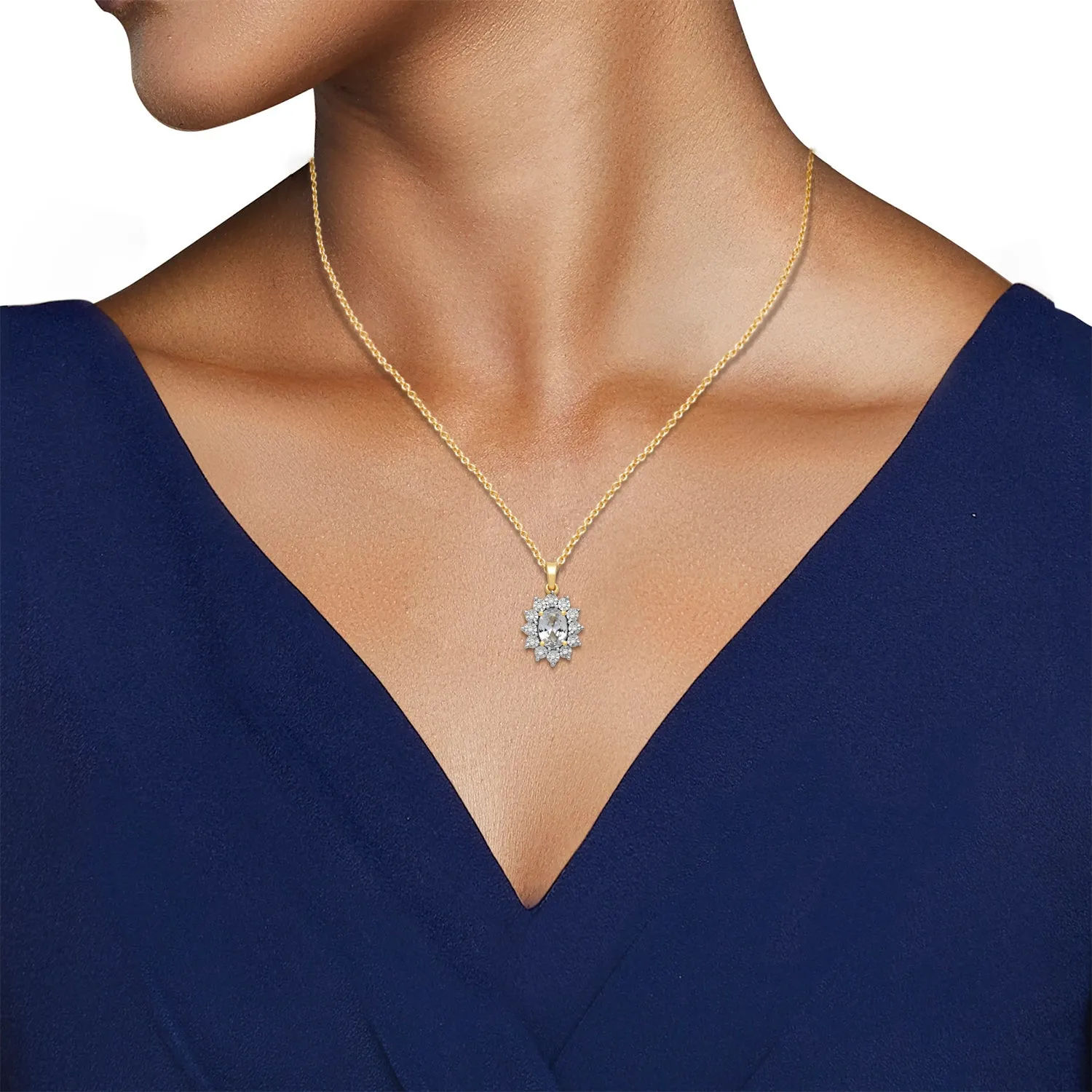 Jewelili 18K Yellow Gold over Sterling Silver 7x5 MM Oval Created White Sapphire and 1/20 Cttw Natural White Round Diamond Pendant Necklace