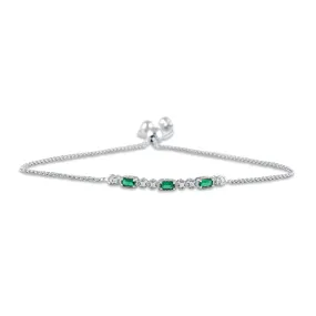 Jewelili Sterling Silver 4x2 MM Baguette Simulated Green Emerald and Round Created White Sapphire Bolo Bracelet, 9.5"