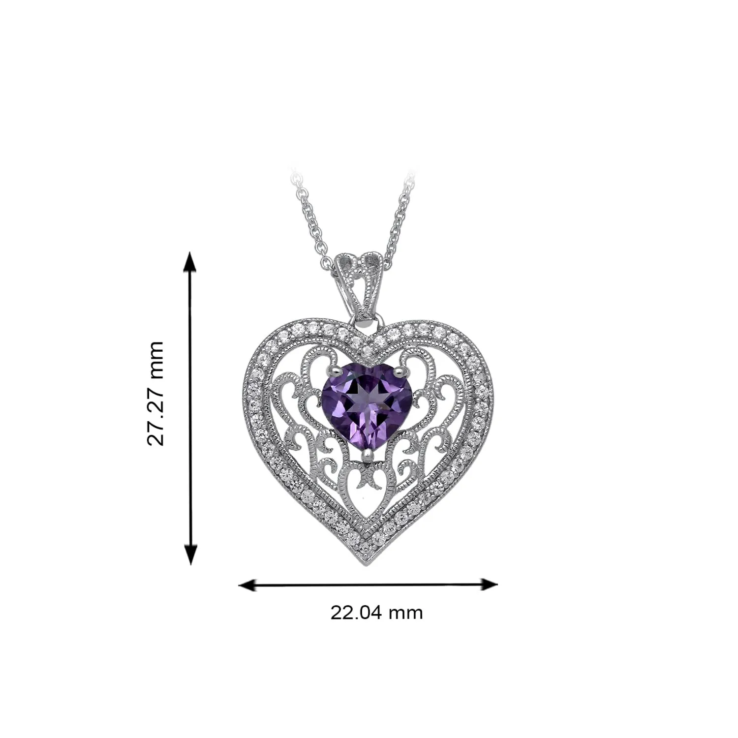 Jewelili Sterling Silver Heart Cut Amethyst and Round Created White Sapphire Heart Pendant Necklace