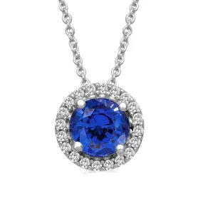 Jewelili Sterling Silver with Round Created Blue and White Sapphire Halo Pendant Necklace