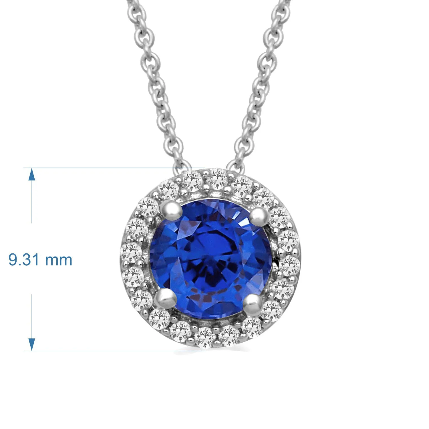 Jewelili Sterling Silver with Round Created Blue and White Sapphire Halo Pendant Necklace