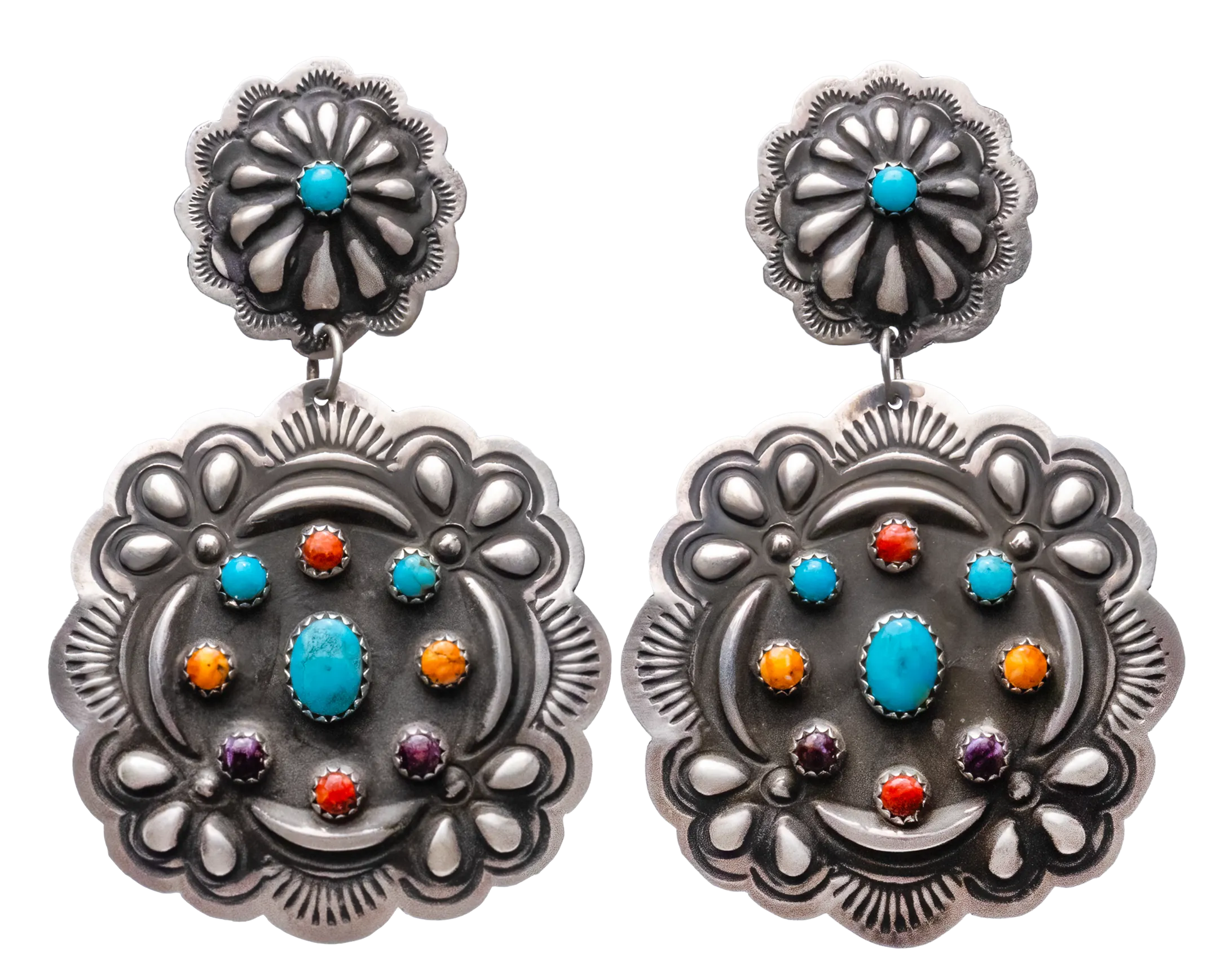 Kingman Turquoise& Spiny Oyster Shell Concho Earrings | Leander Tahe