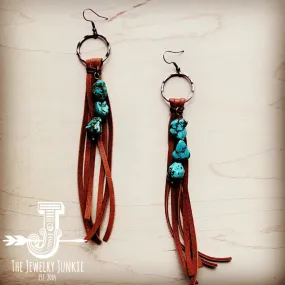Leather Fringe Earrings with Turquoise Chunks Tan 223f