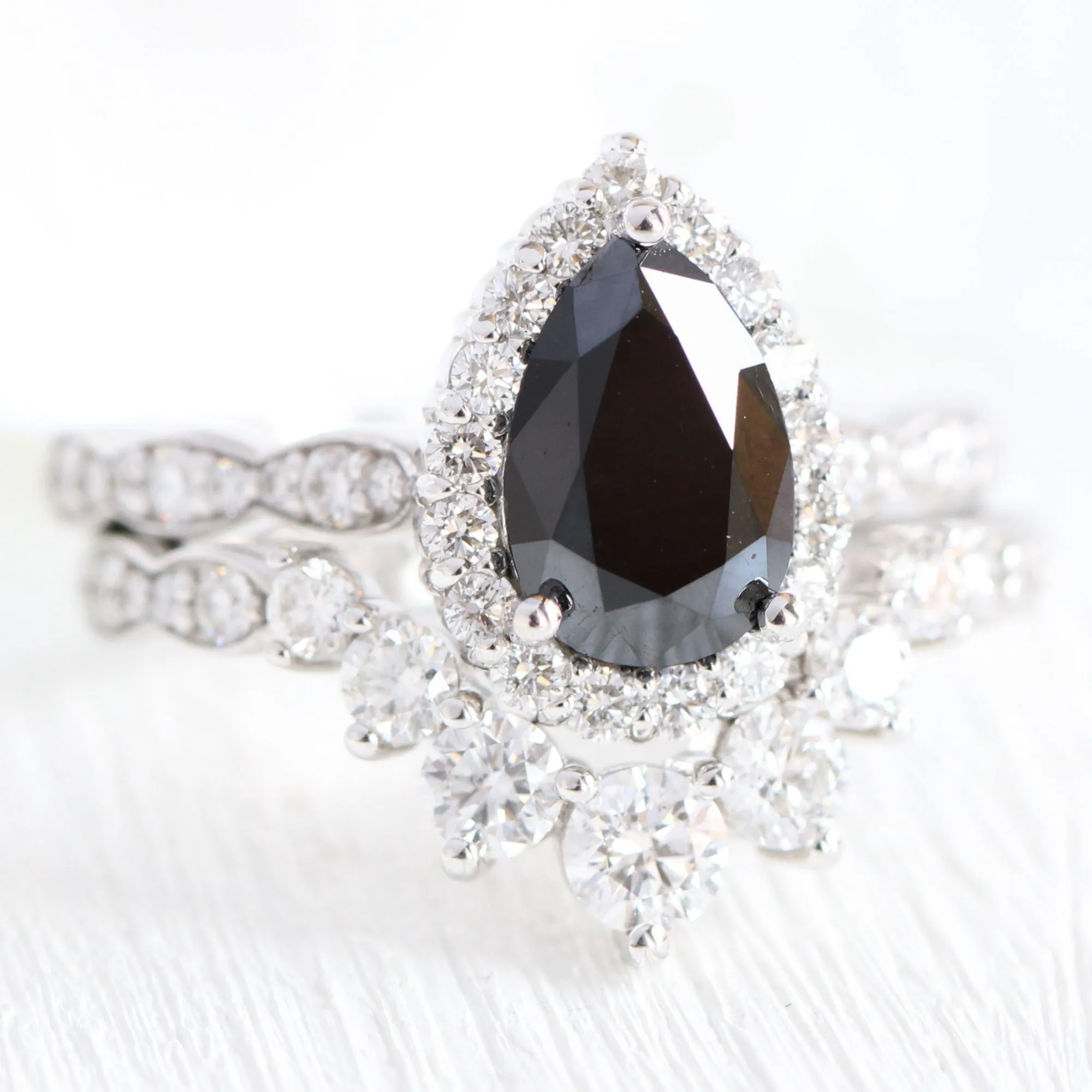 Luna Halo Black Diamond Pear Ring Set w/ Large 7 Diamond Scalloped Wedding Band
