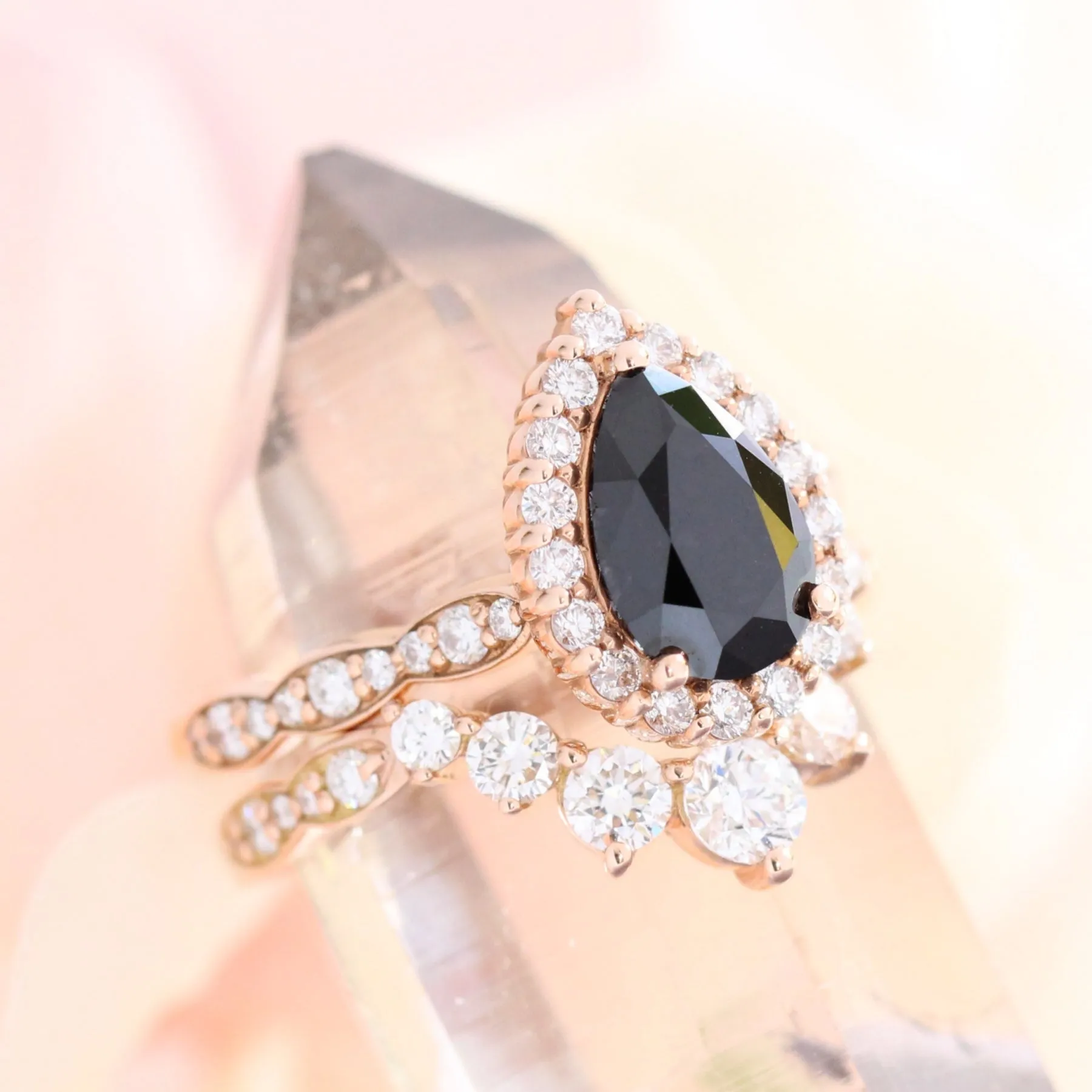 Luna Halo Black Diamond Pear Ring Set w/ Large 7 Diamond Scalloped Wedding Band