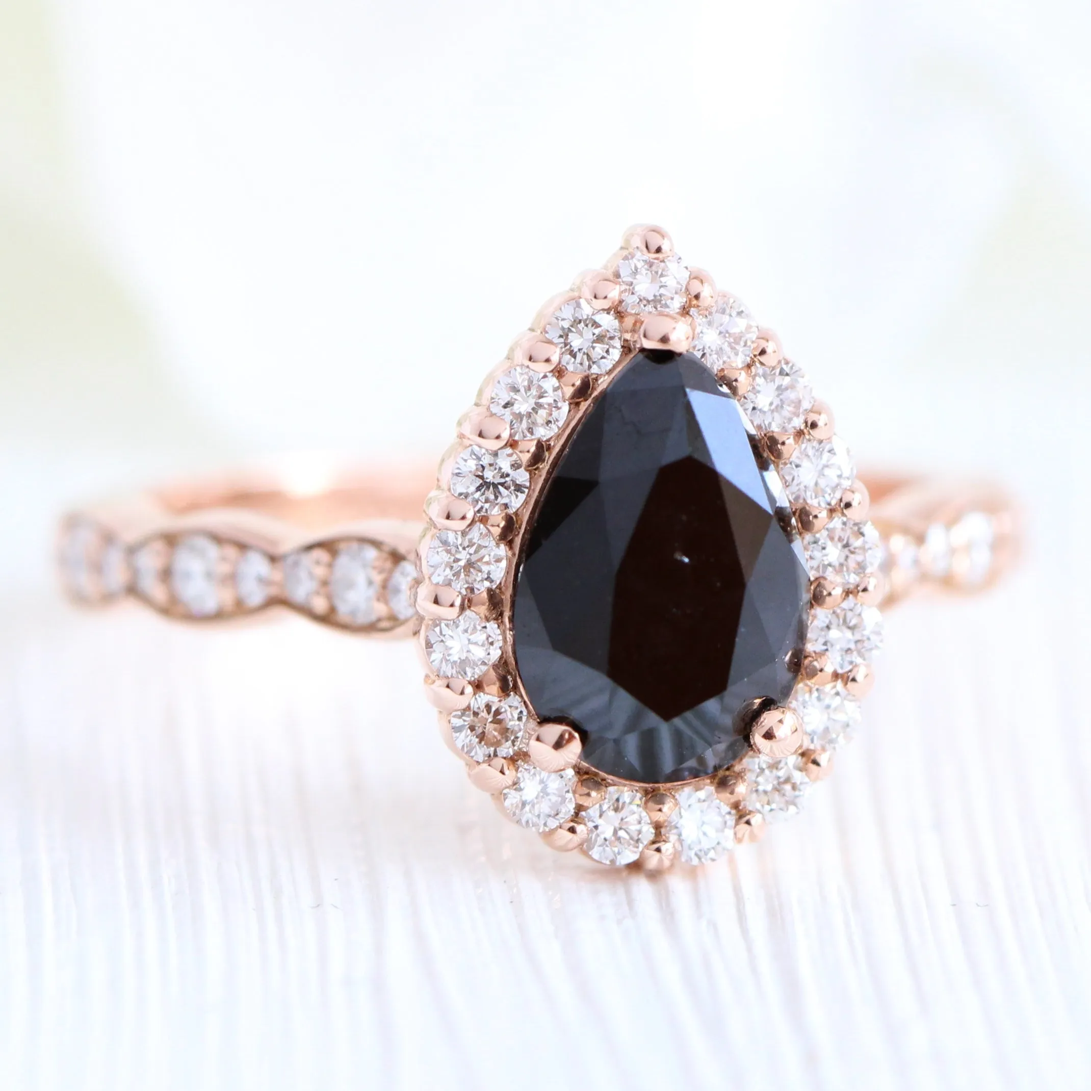 Luna Halo Black Diamond Pear Ring Set w/ Large 7 Diamond Scalloped Wedding Band