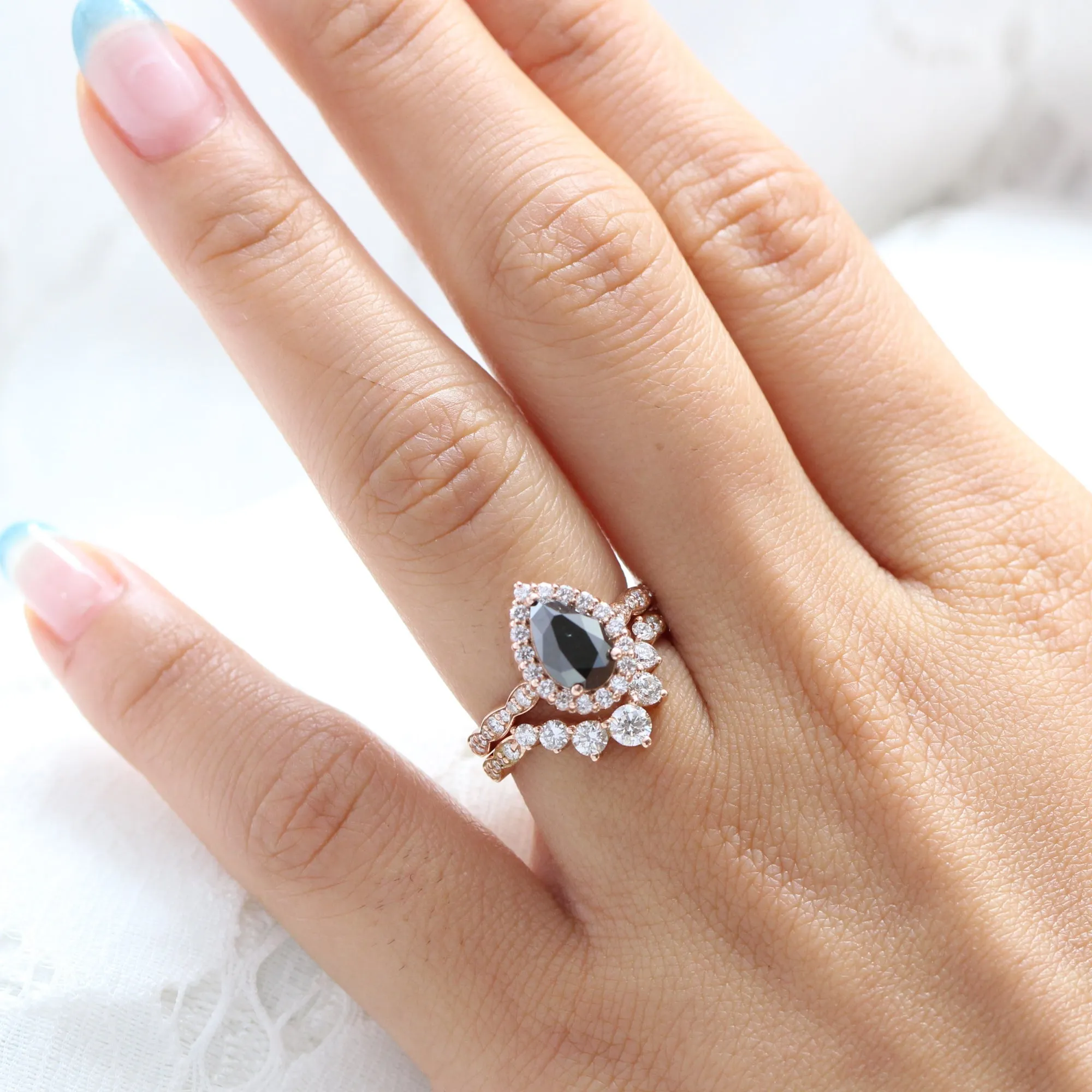 Luna Halo Black Diamond Pear Ring Set w/ Large 7 Diamond Scalloped Wedding Band