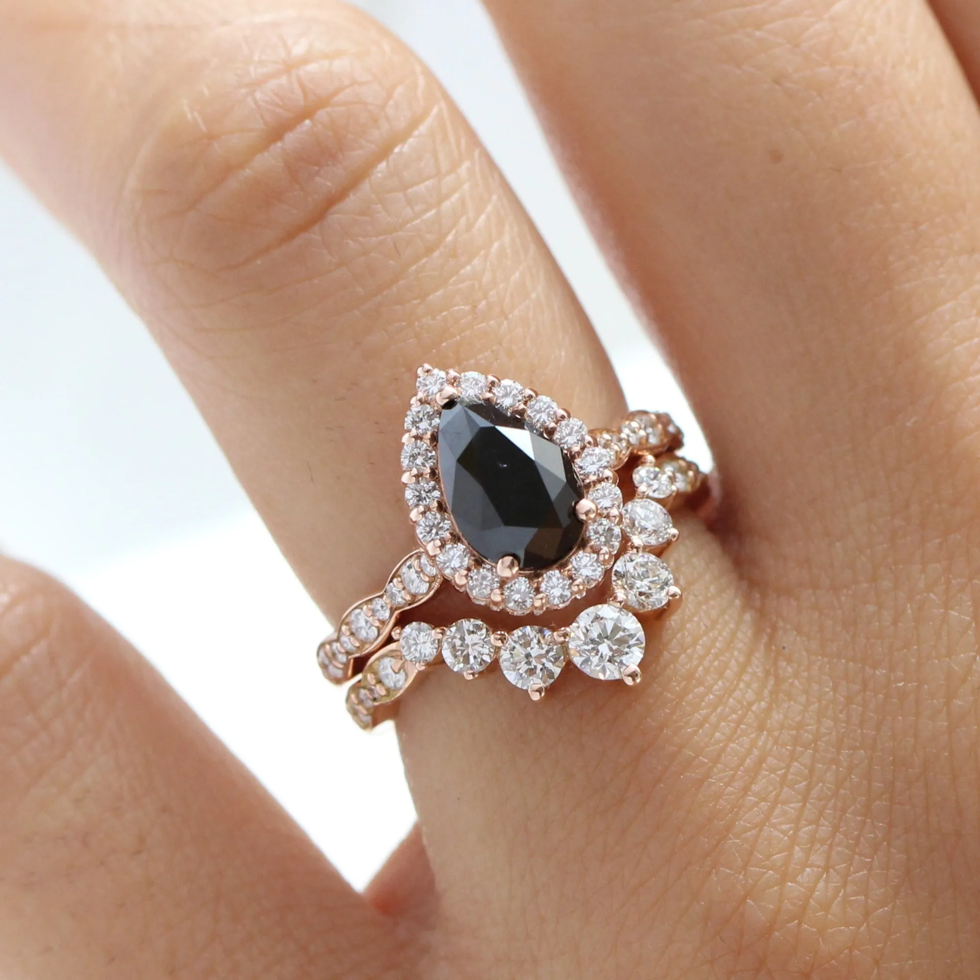 Luna Halo Black Diamond Pear Ring Set w/ Large 7 Diamond Scalloped Wedding Band