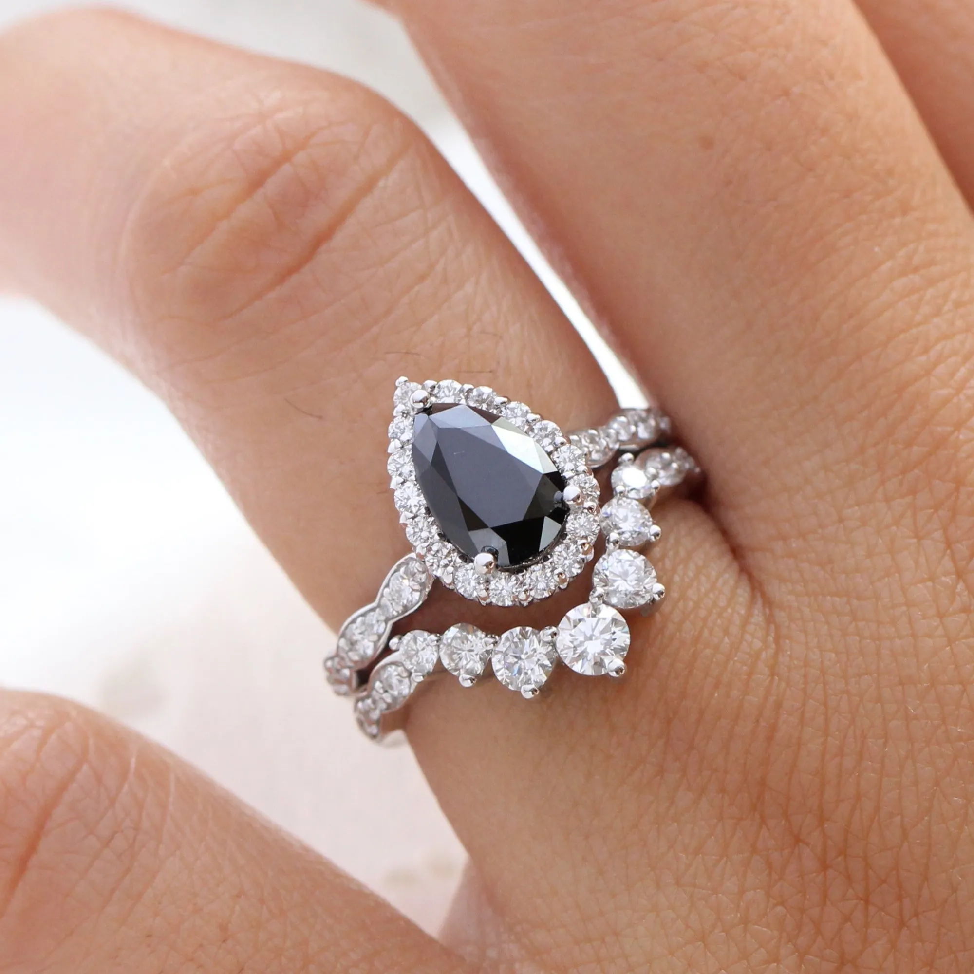 Luna Halo Black Diamond Pear Ring Set w/ Large 7 Diamond Scalloped Wedding Band