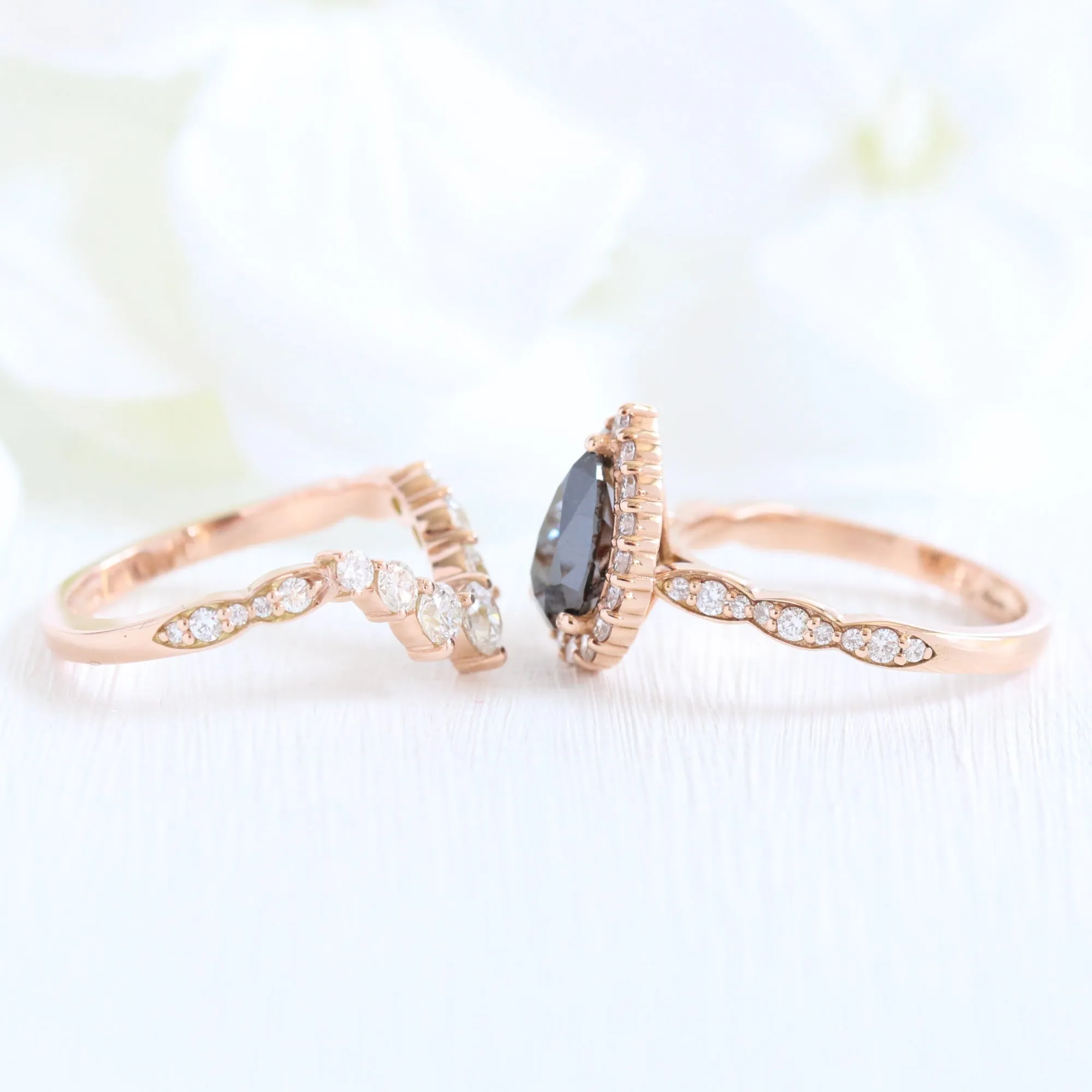 Luna Halo Black Diamond Pear Ring Set w/ Large 7 Diamond Scalloped Wedding Band