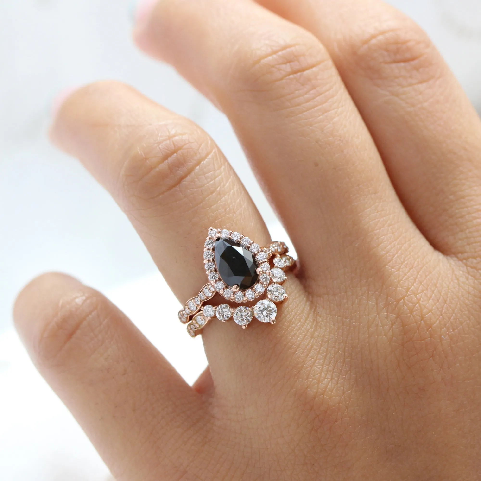 Luna Halo Black Diamond Pear Ring Set w/ Large 7 Diamond Scalloped Wedding Band