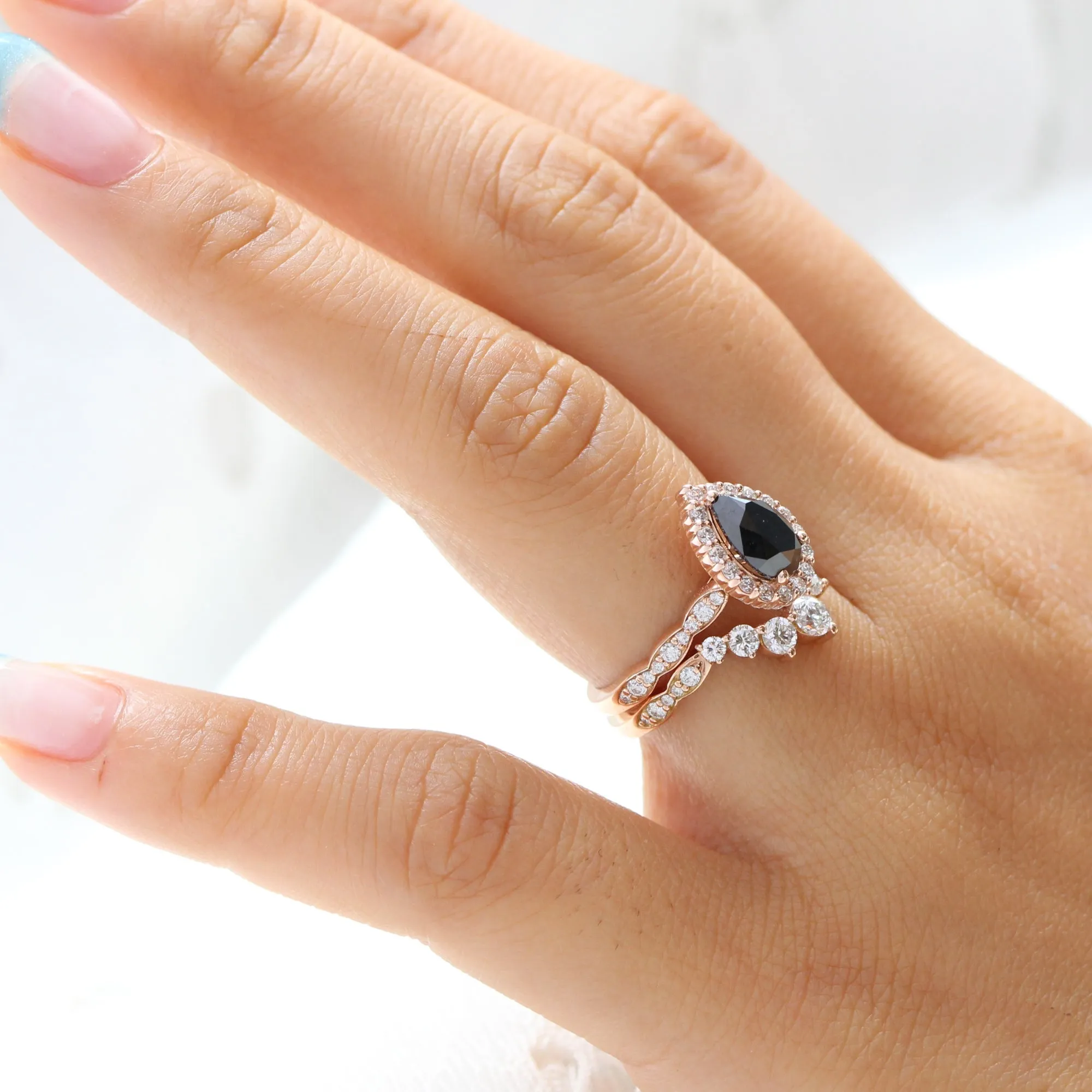 Luna Halo Black Diamond Pear Ring Set w/ Large 7 Diamond Scalloped Wedding Band