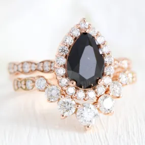 Luna Halo Black Diamond Pear Ring Set w/ Large 7 Diamond Scalloped Wedding Band
