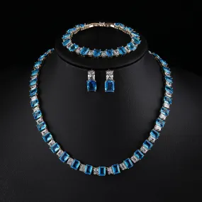Luxury Square Shape Cubic Zircon Necklace Earring Bracelet 3Piece Jewelry Sets