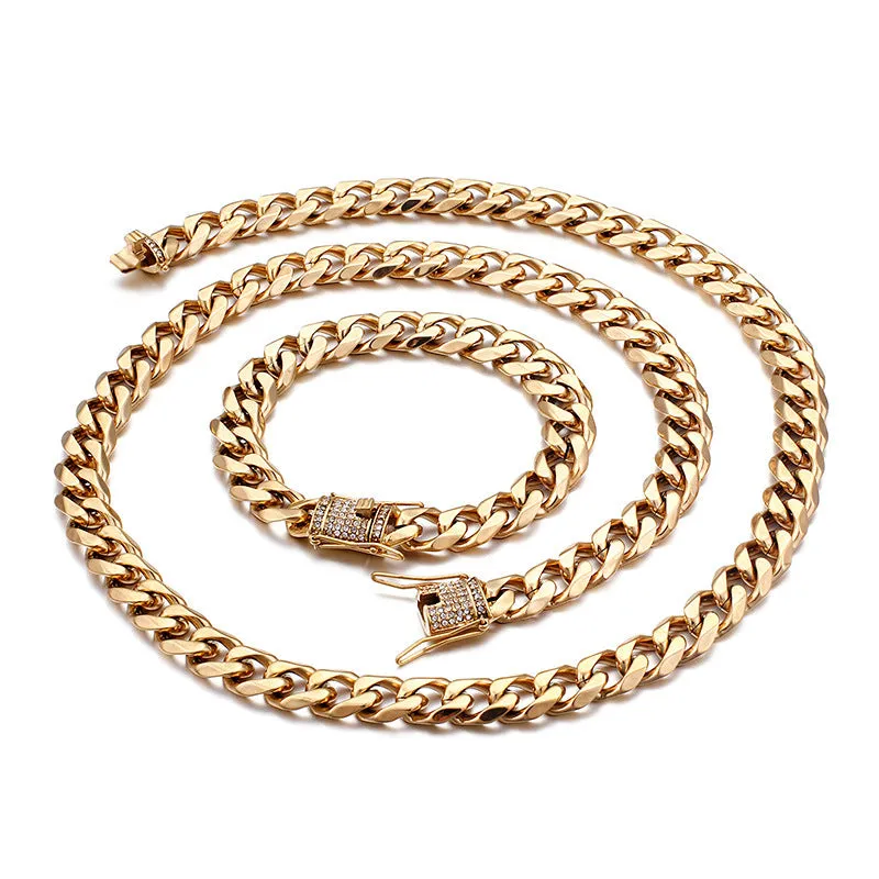 Men's 18K Gold CZ Zircon Cuban Chain Bracelet and Necklace - European and American Hip-hop Style