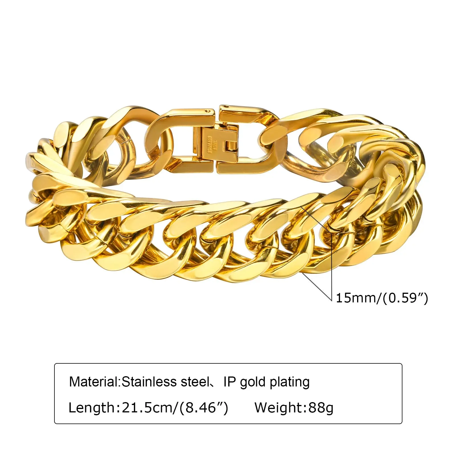 Men’s Gold Color Cuban Chain Bracelet – Waterproof Stainless Steel