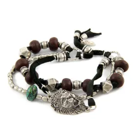 Mens Multi Bead Black Deerskin Leather Bracelet with Turquoise Bead Nugget and Lion Head Charm