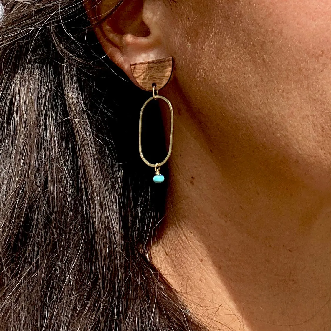Modern hand hammered brass, wood & stone earrings