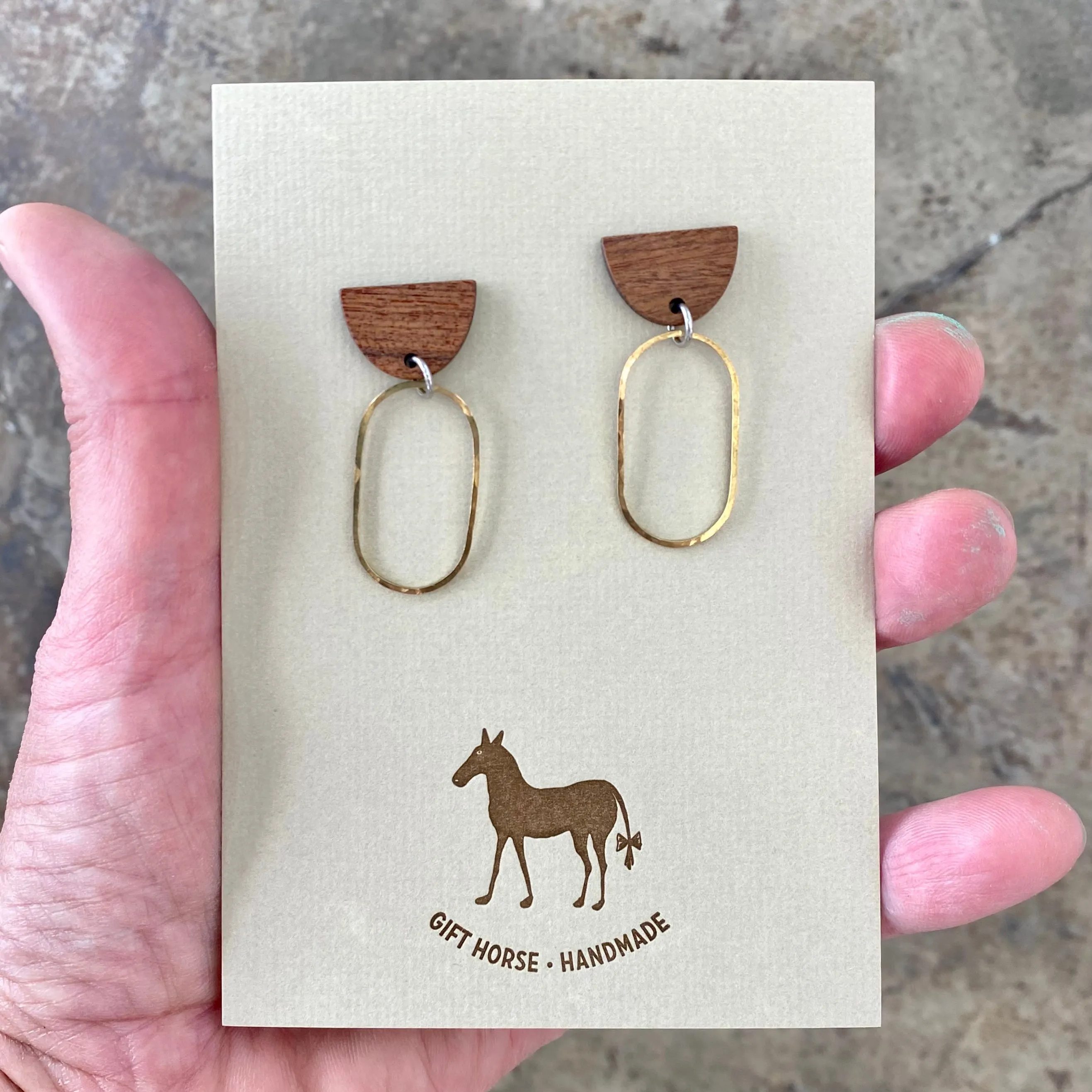 Modern hand hammered brass, wood & stone earrings
