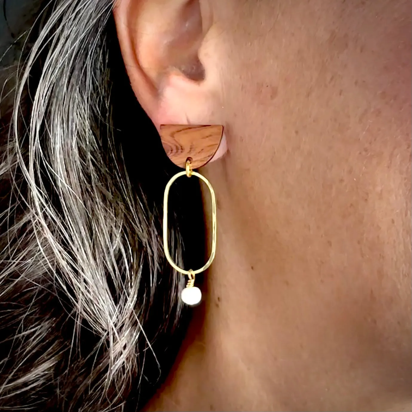 Modern hand hammered brass, wood & stone earrings