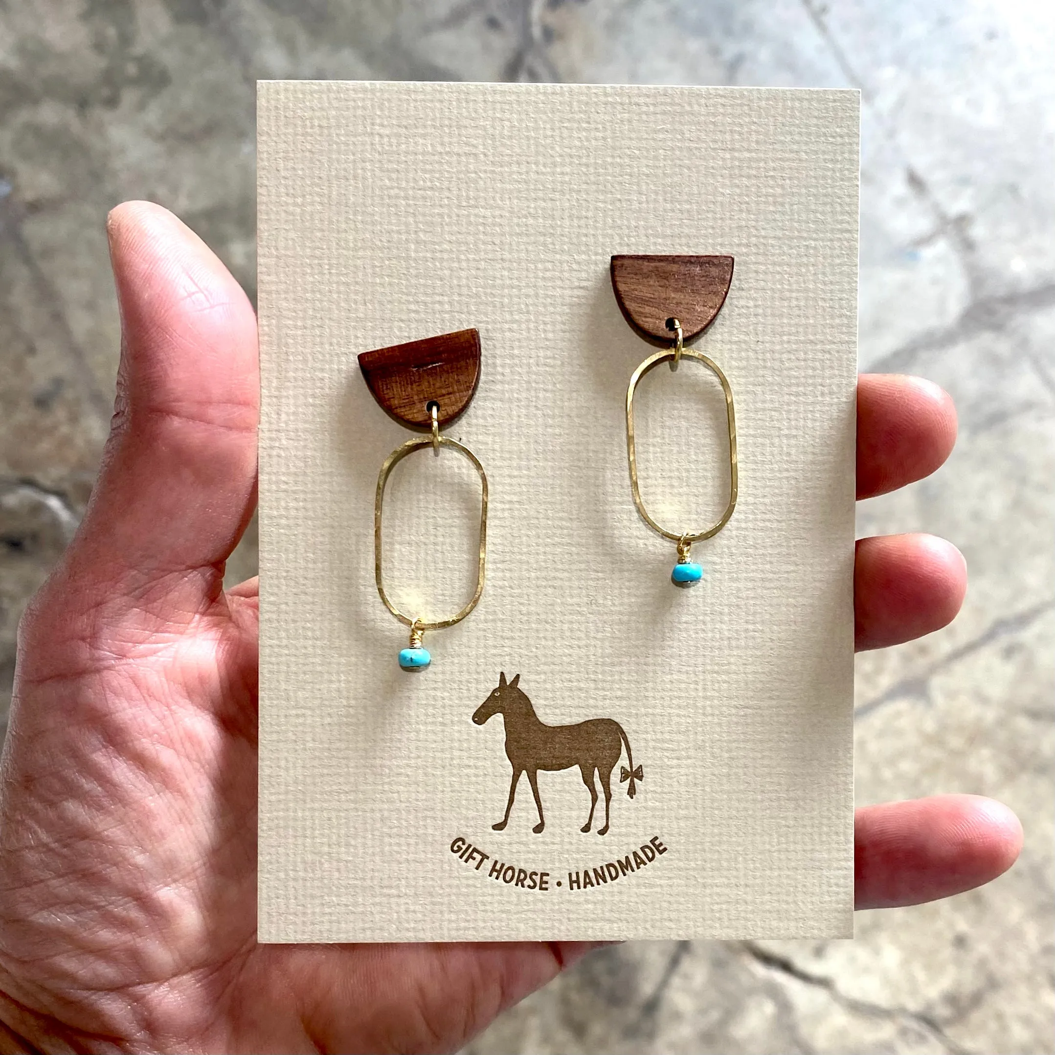 Modern hand hammered brass, wood & stone earrings