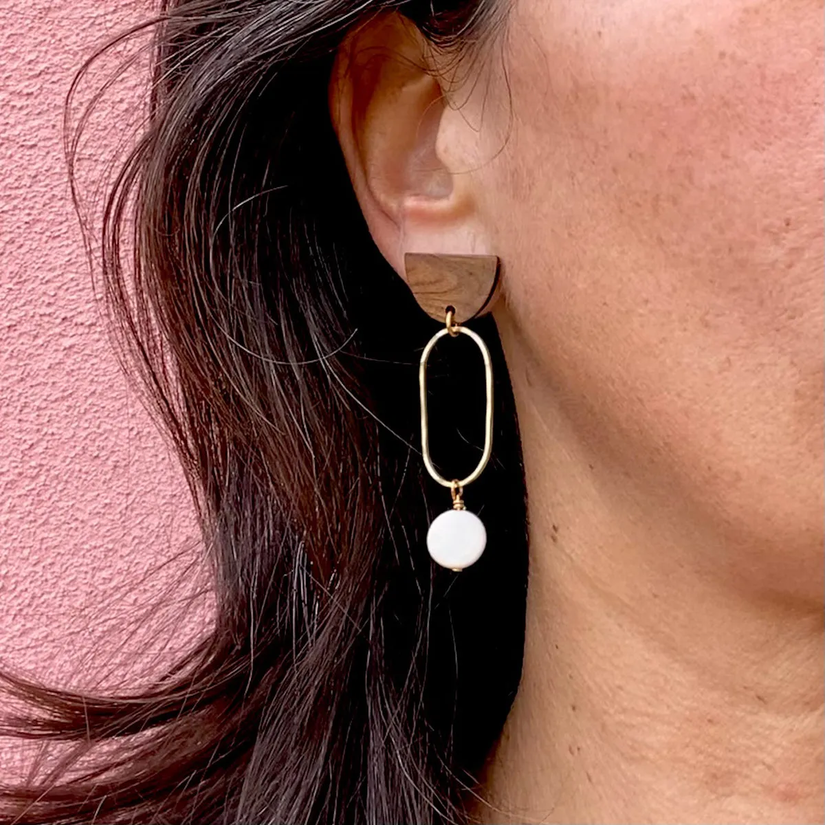 Modern hand hammered brass, wood & stone earrings