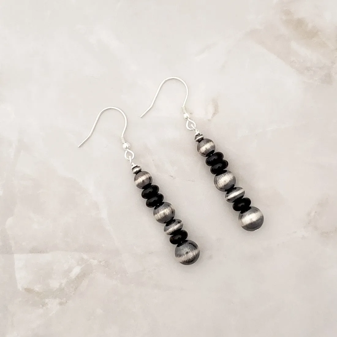Navajo Pearls & Onyx Drop Dangle Earrings Sterling Silver NPE017