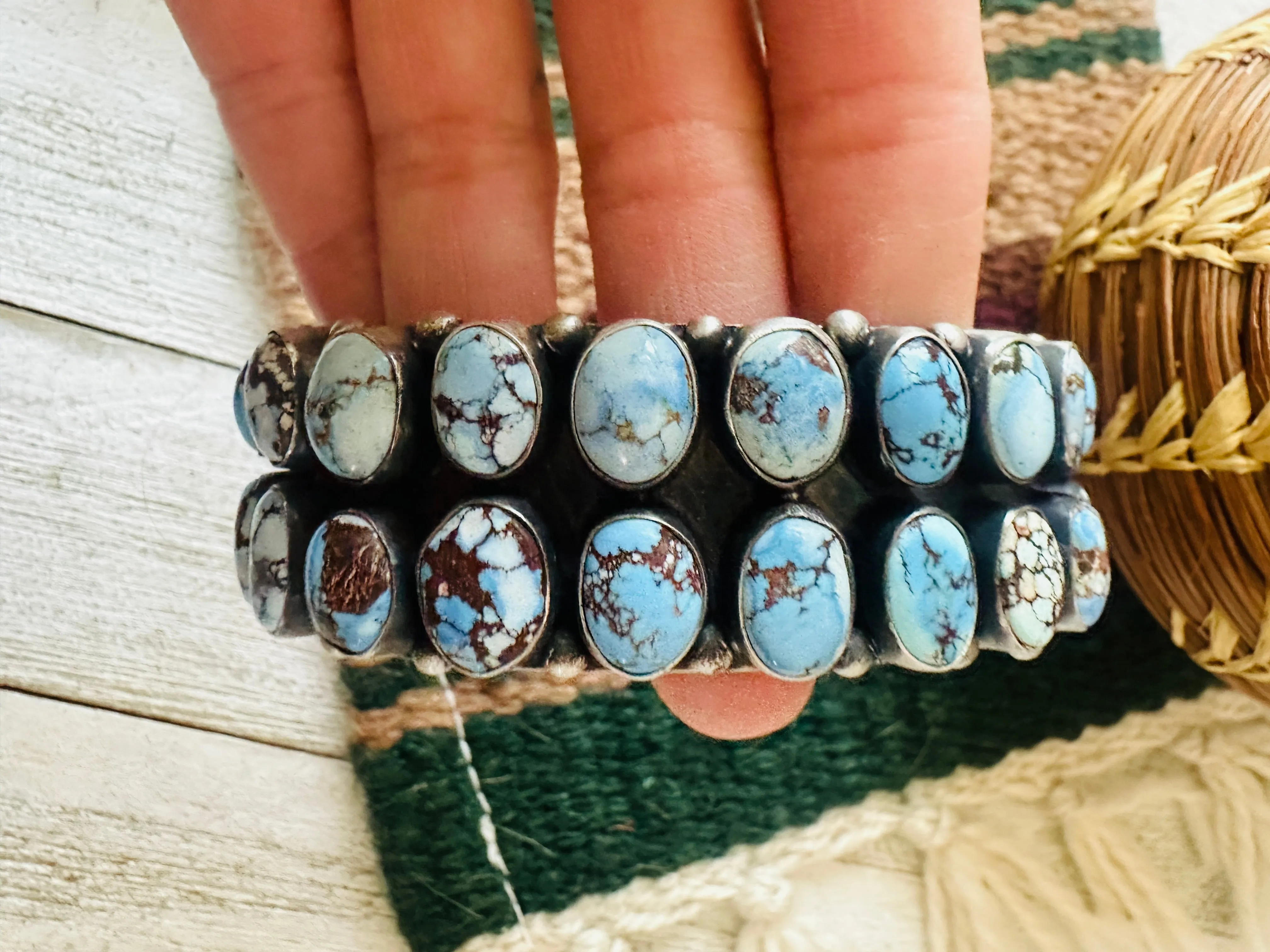 Navajo Sterling Silver & Golden Hills Turquoise Cluster Cuff Bracelet by Darrin Livingston