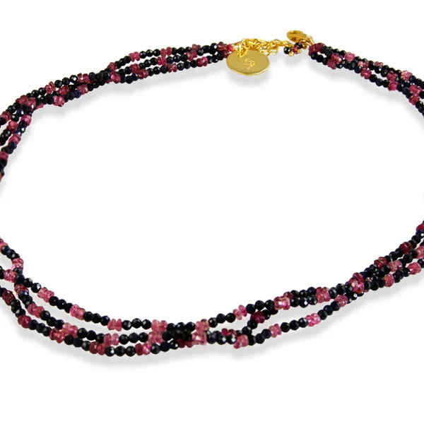 Necklace - Beaded Blue Sapphire and Pink Tourmaline 3 Lines 16"