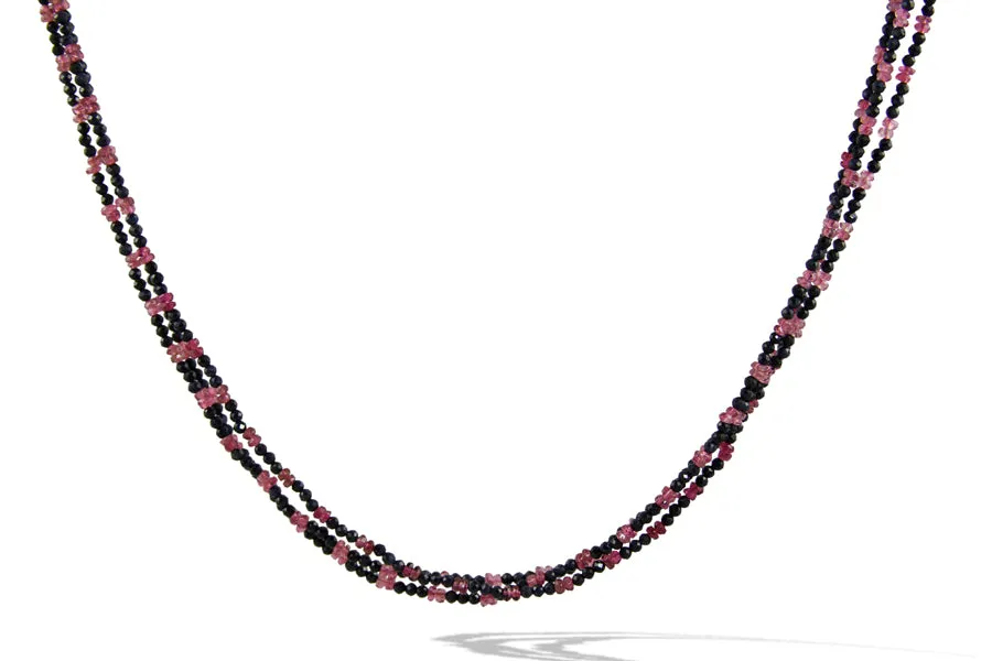 Necklace - Beaded Blue Sapphire and Pink Tourmaline 3 Lines 16"