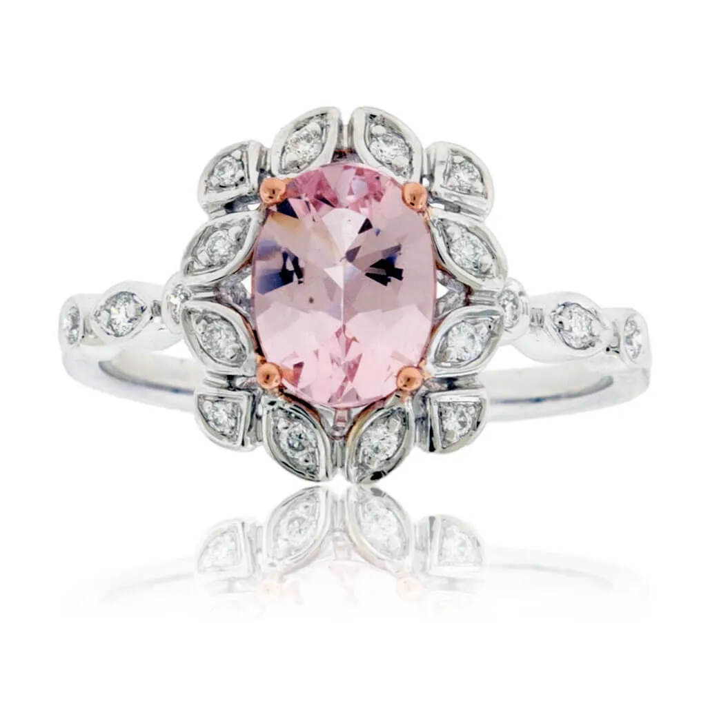 Oval Cut Morganite & Diamond Unique Halo Ring