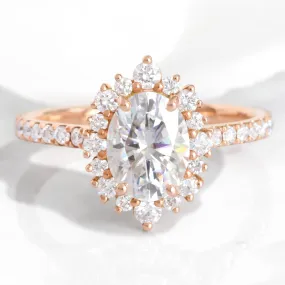 Oval Moissanite Diamond Ring in 14k Rose Gold Tiara Halo Pave Band, Size 6