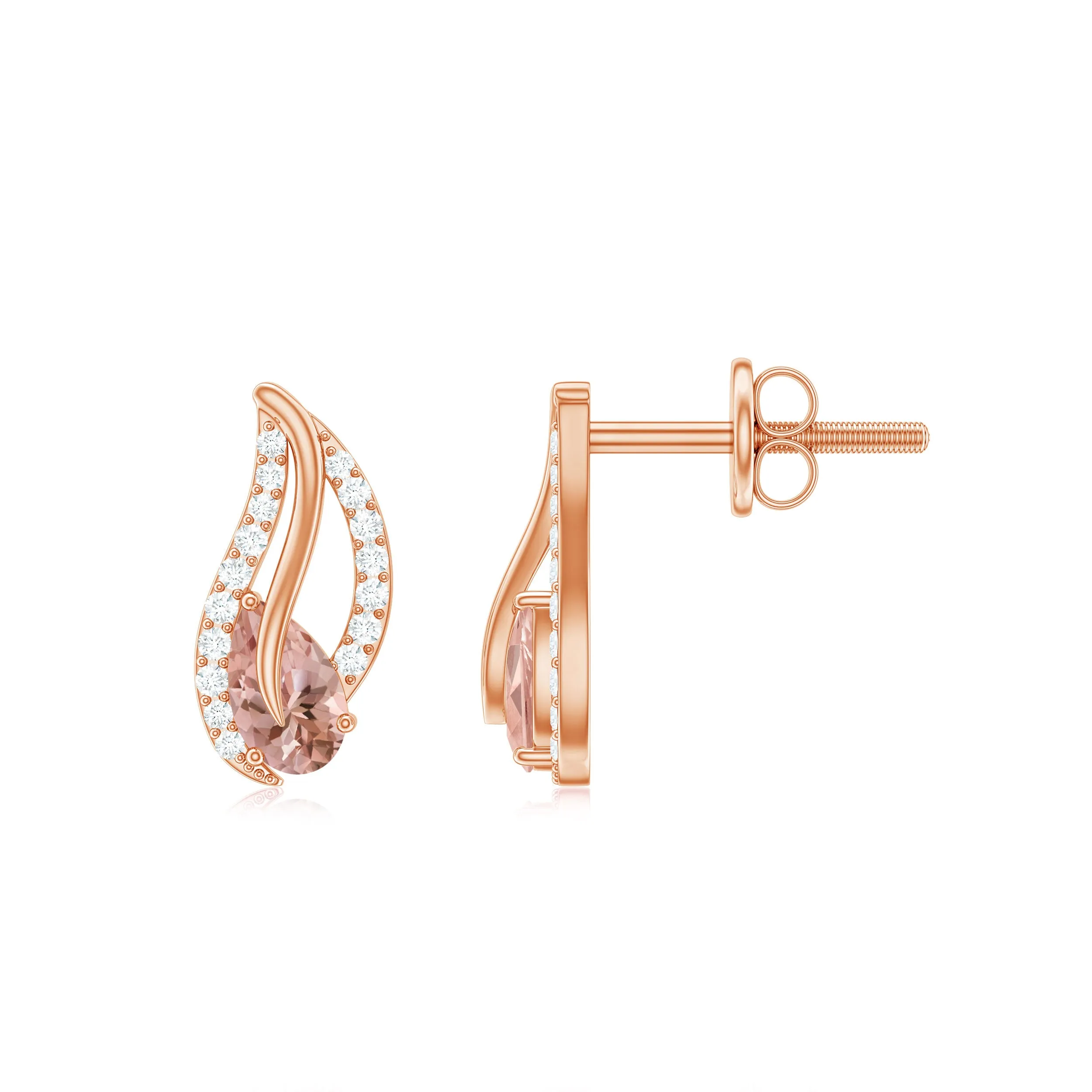 Pear Cut Morganite Leaf Stud Earrings with Diamond