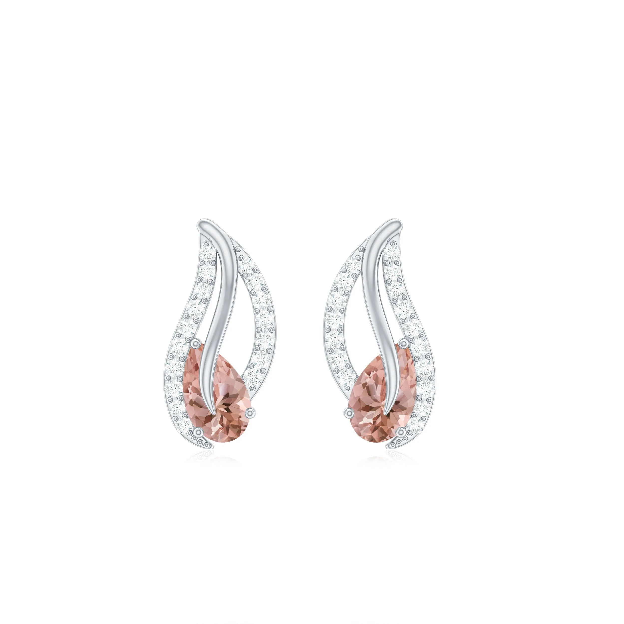 Pear Cut Morganite Leaf Stud Earrings with Diamond