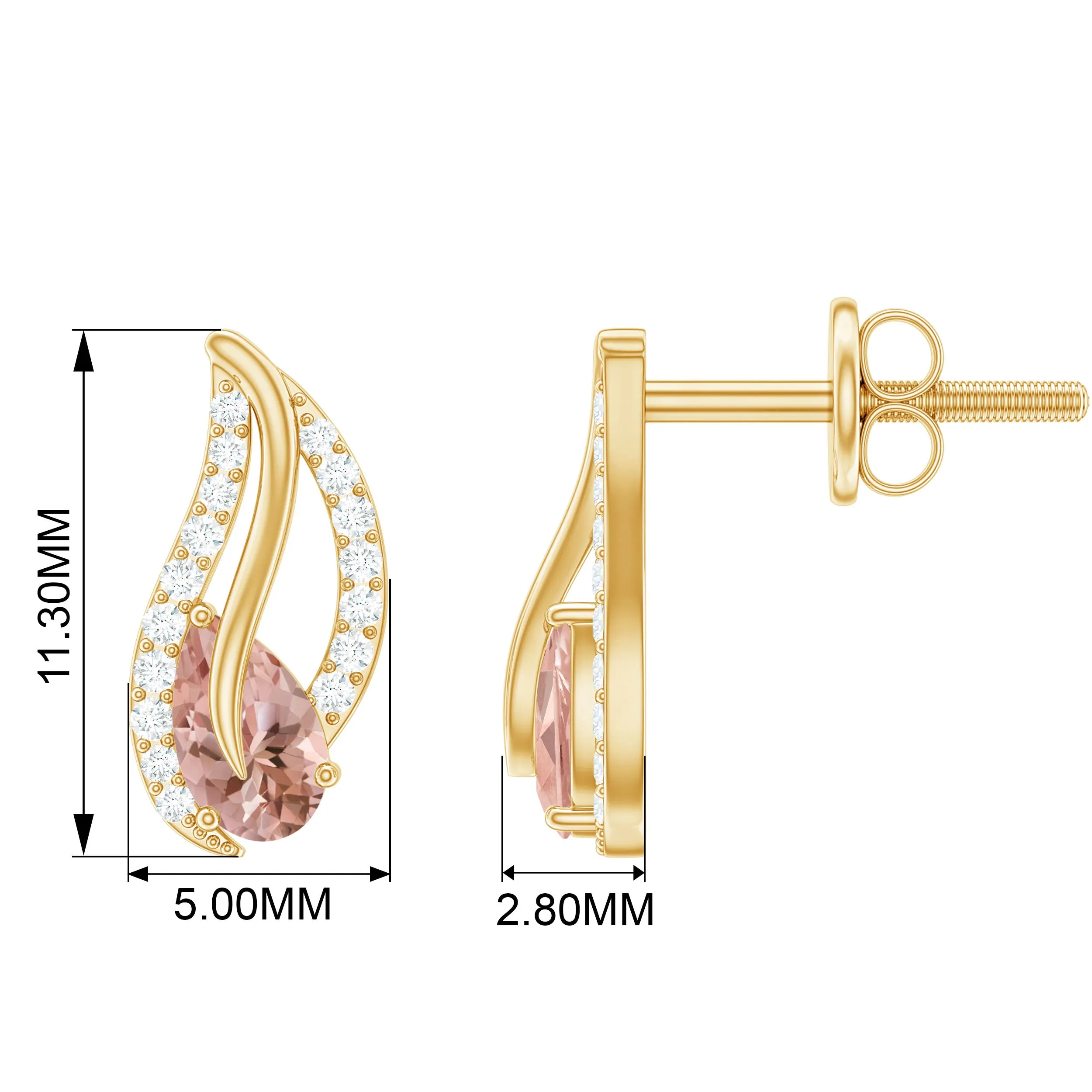 Pear Cut Morganite Leaf Stud Earrings with Diamond